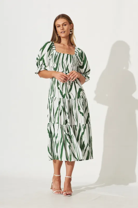 Whitsundays Midi Dress In White With Green Brush Stoke Print sold by St Frock