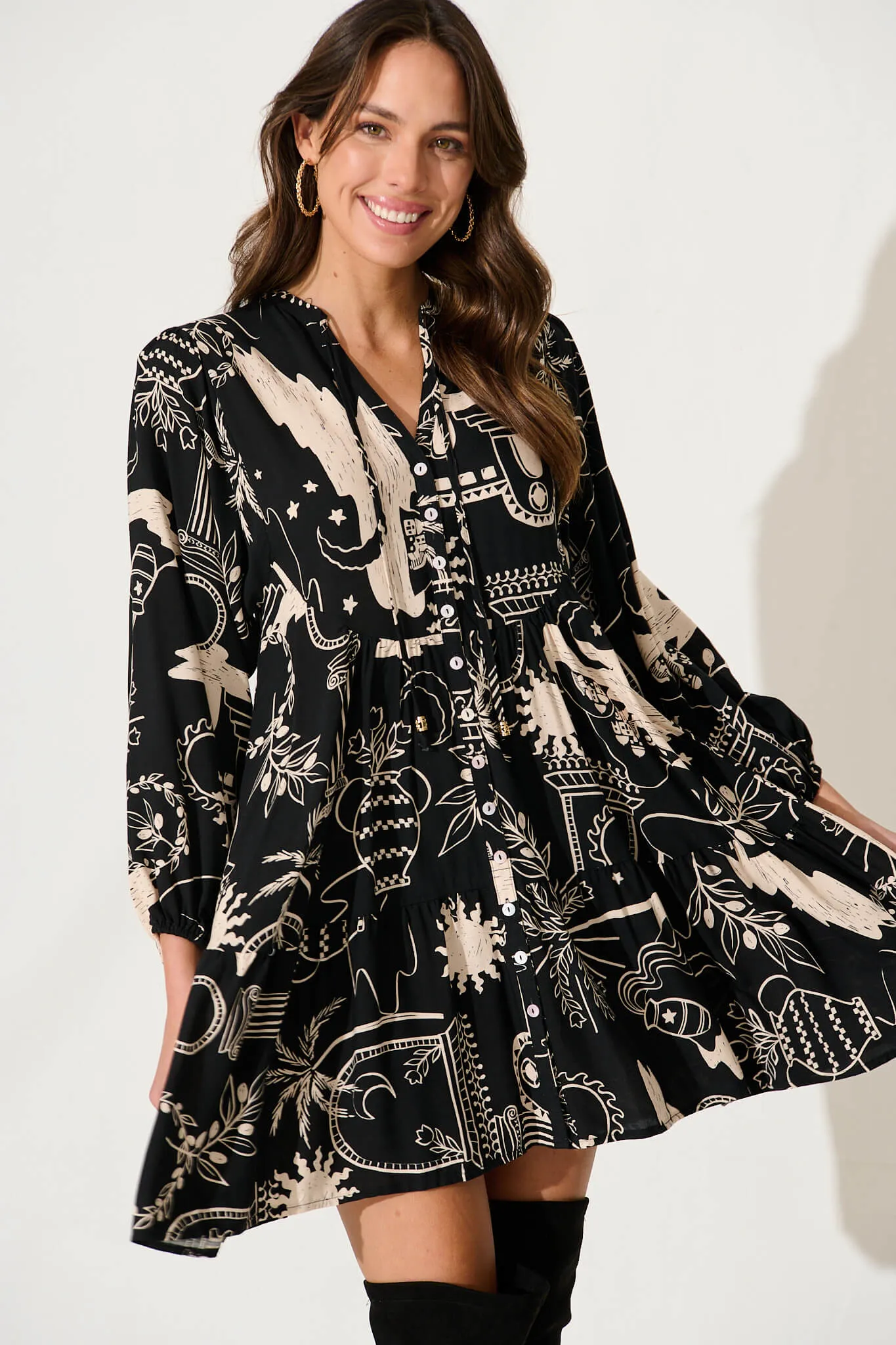 Rosalind Dress In Black With Cream Print sold by St Frock product image thumbnail 2