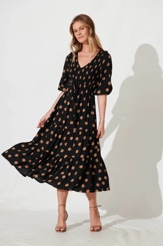 Linda Midi Dress In Black With Brown Spot sold by St Frock