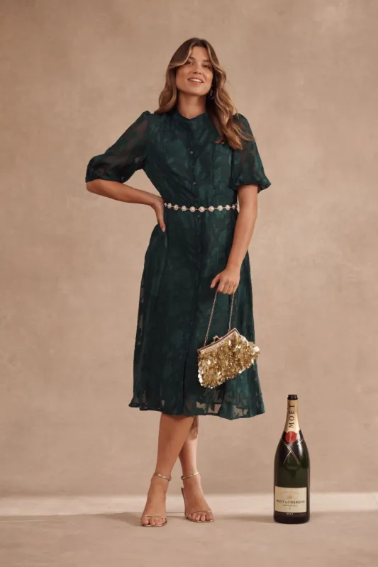 Lilianna Midi Shirt Dress In Emerald Burnout Chiffon sold by St Frock