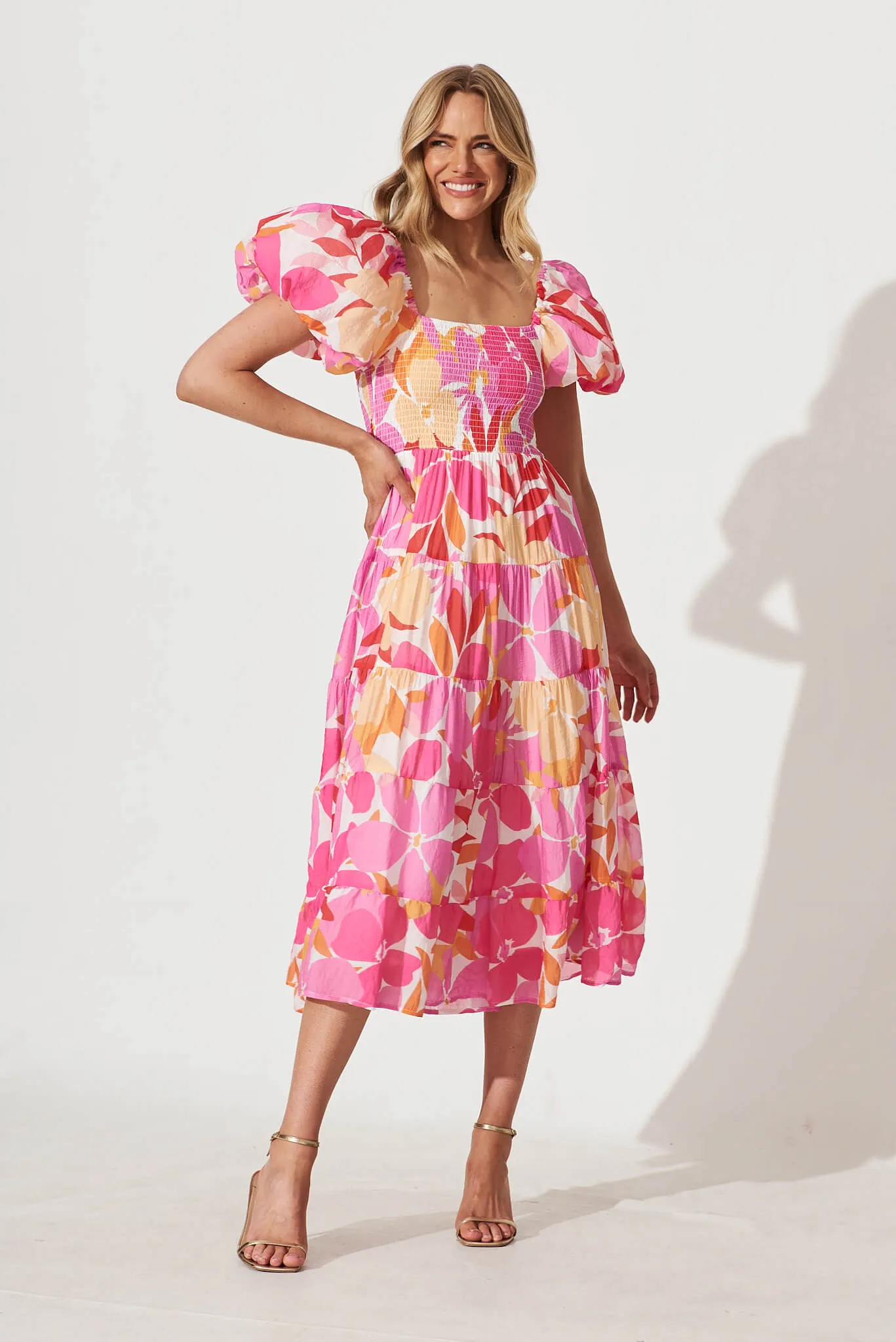 Kaitlyn Midi Dress In White With Lilac Multi Leaf Print sold by St Frock product image thumbnail 5