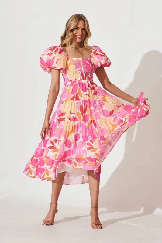 Kaitlyn Midi Dress In White With Lilac Multi Leaf Print sold by St Frock