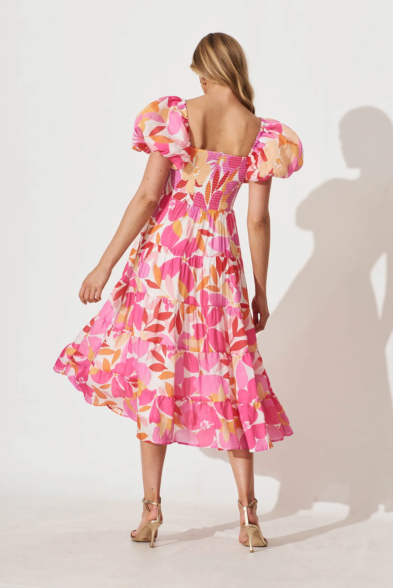 Kaitlyn Midi Dress In White With Lilac Multi Leaf Print sold by St Frock product image thumbnail 4