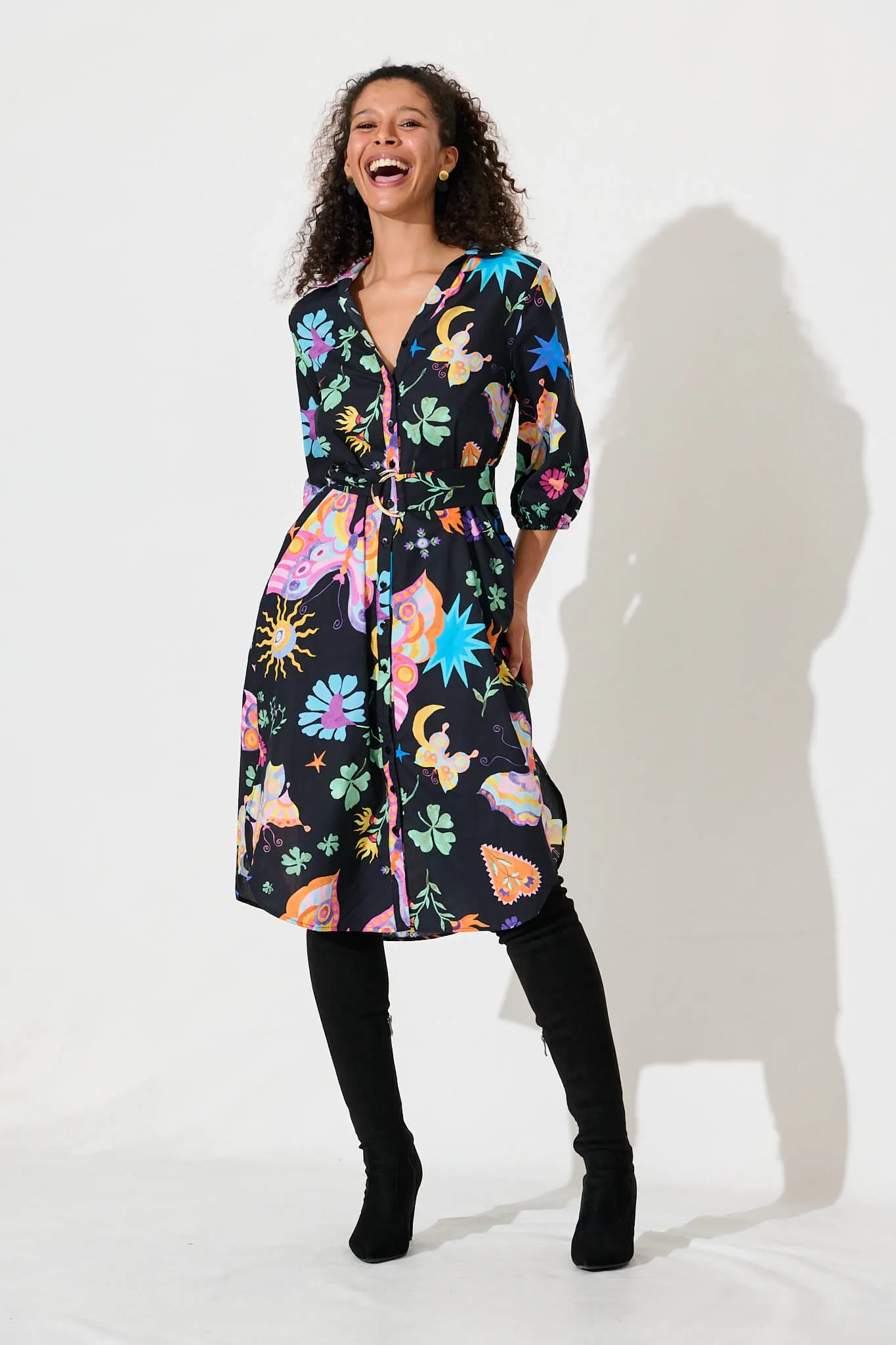 Camellia Midi Shirt Dress In Black With Multi Cotton sold by St Frock