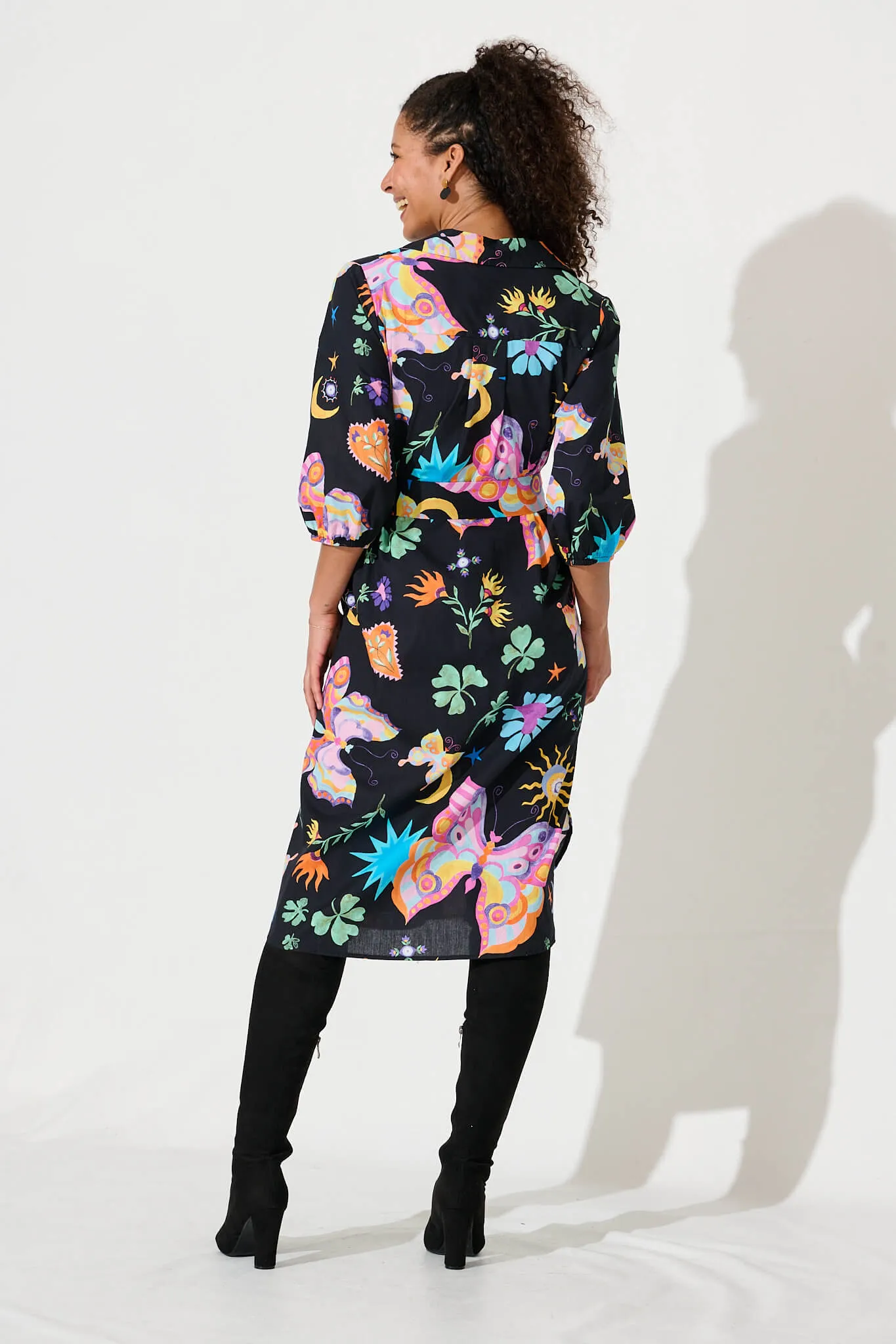 Camellia Midi Shirt Dress In Black With Multi Cotton sold by St Frock product image thumbnail 4