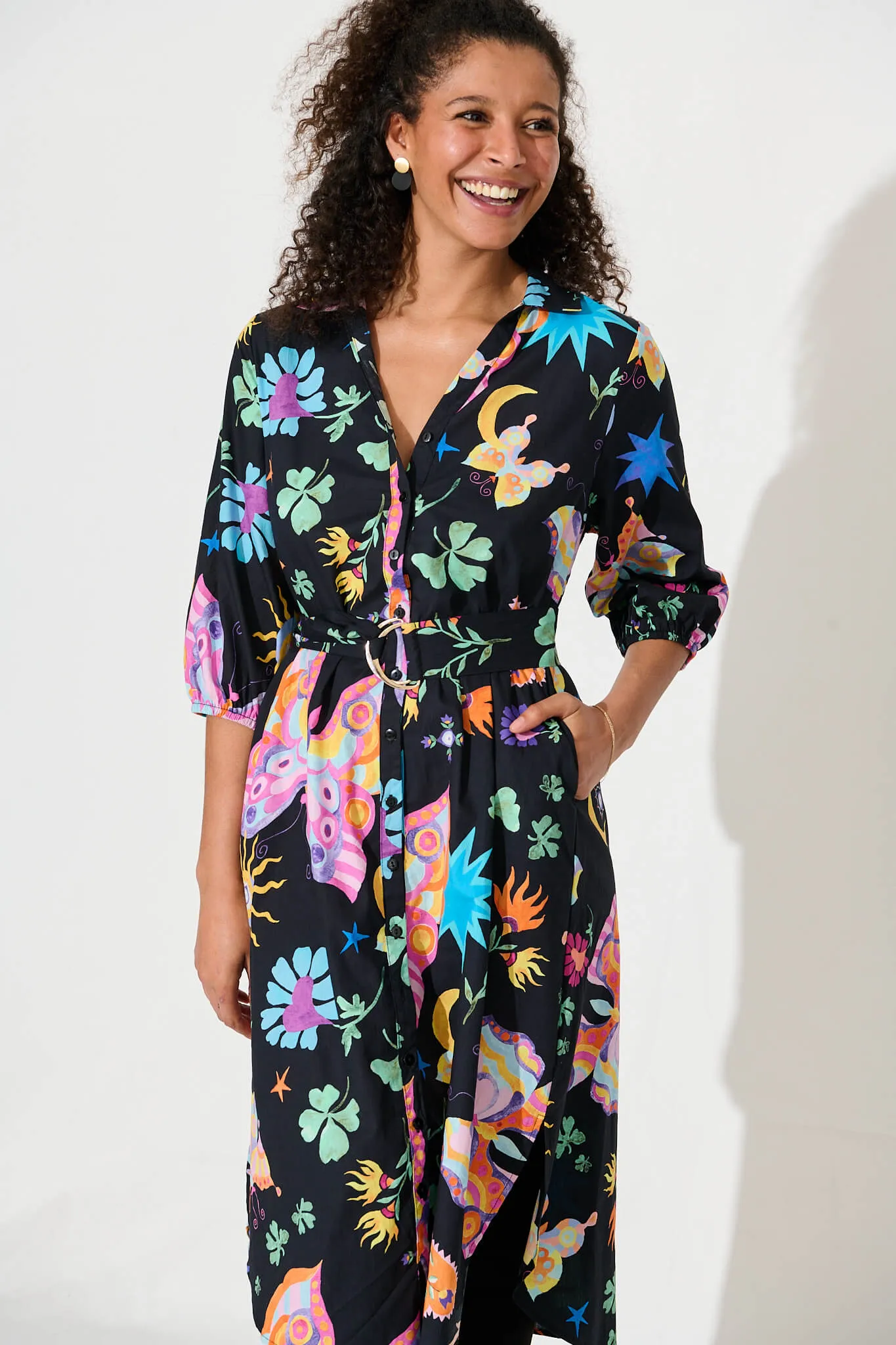 Camellia Midi Shirt Dress In Black With Multi Cotton sold by St Frock product image thumbnail 2