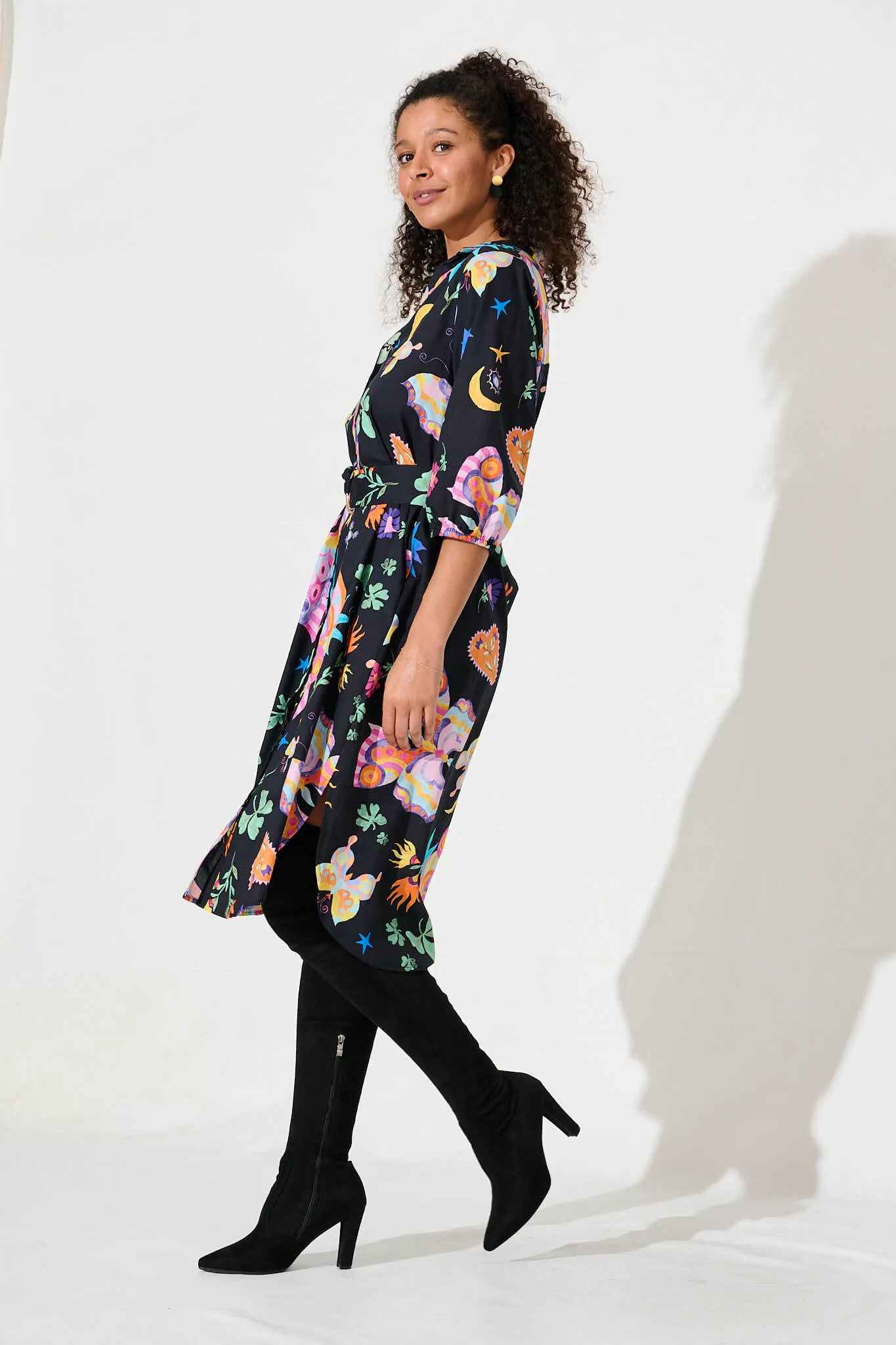 Camellia Midi Shirt Dress In Black With Multi Cotton sold by St Frock product image thumbnail 3