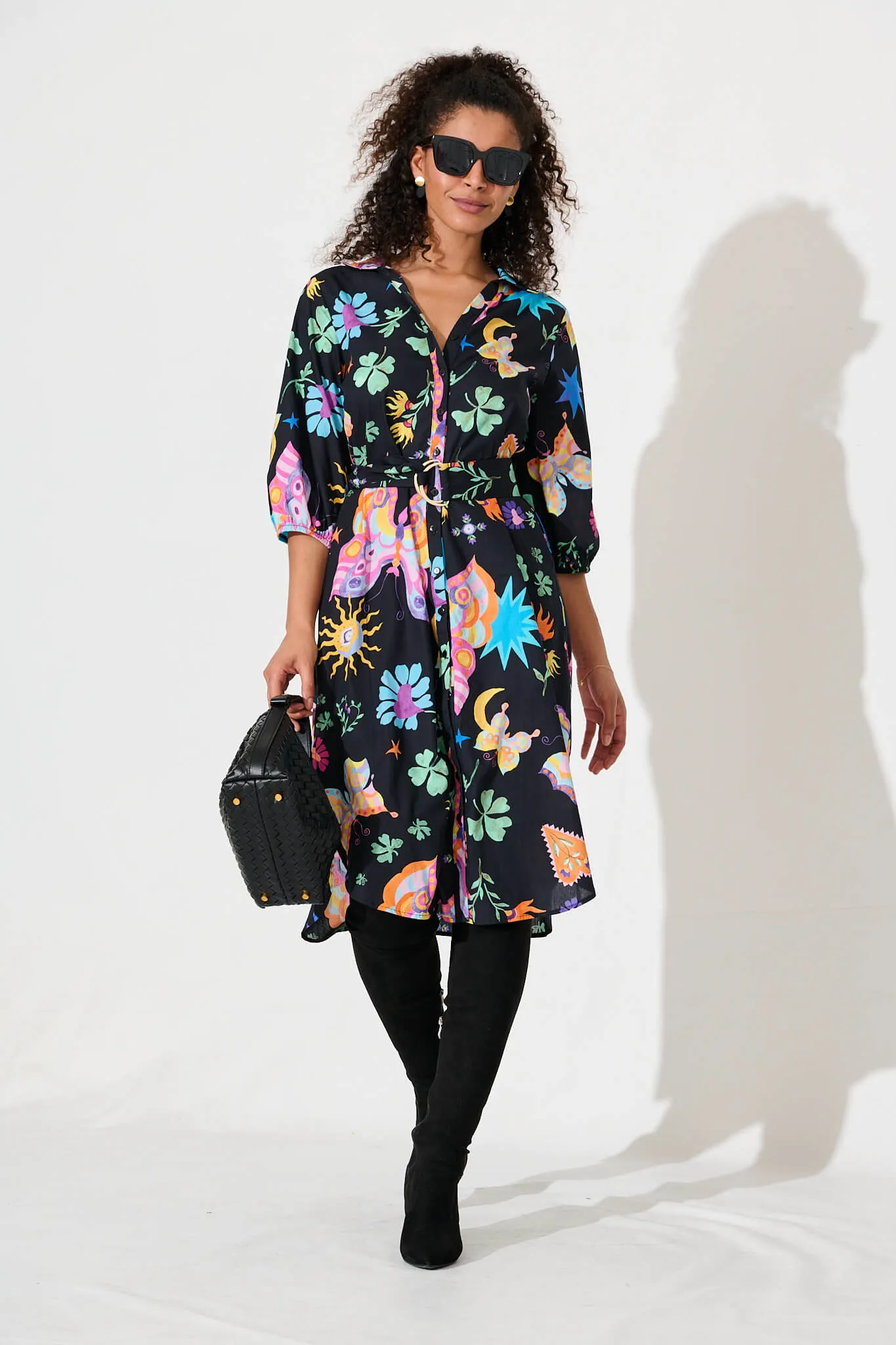 Camellia Midi Shirt Dress In Black With Multi Cotton sold by St Frock product image thumbnail 5