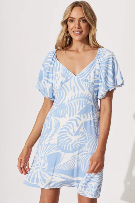 Whiteheaven Midi Dress In White With Blue Print Linen Blend sold by St Frock