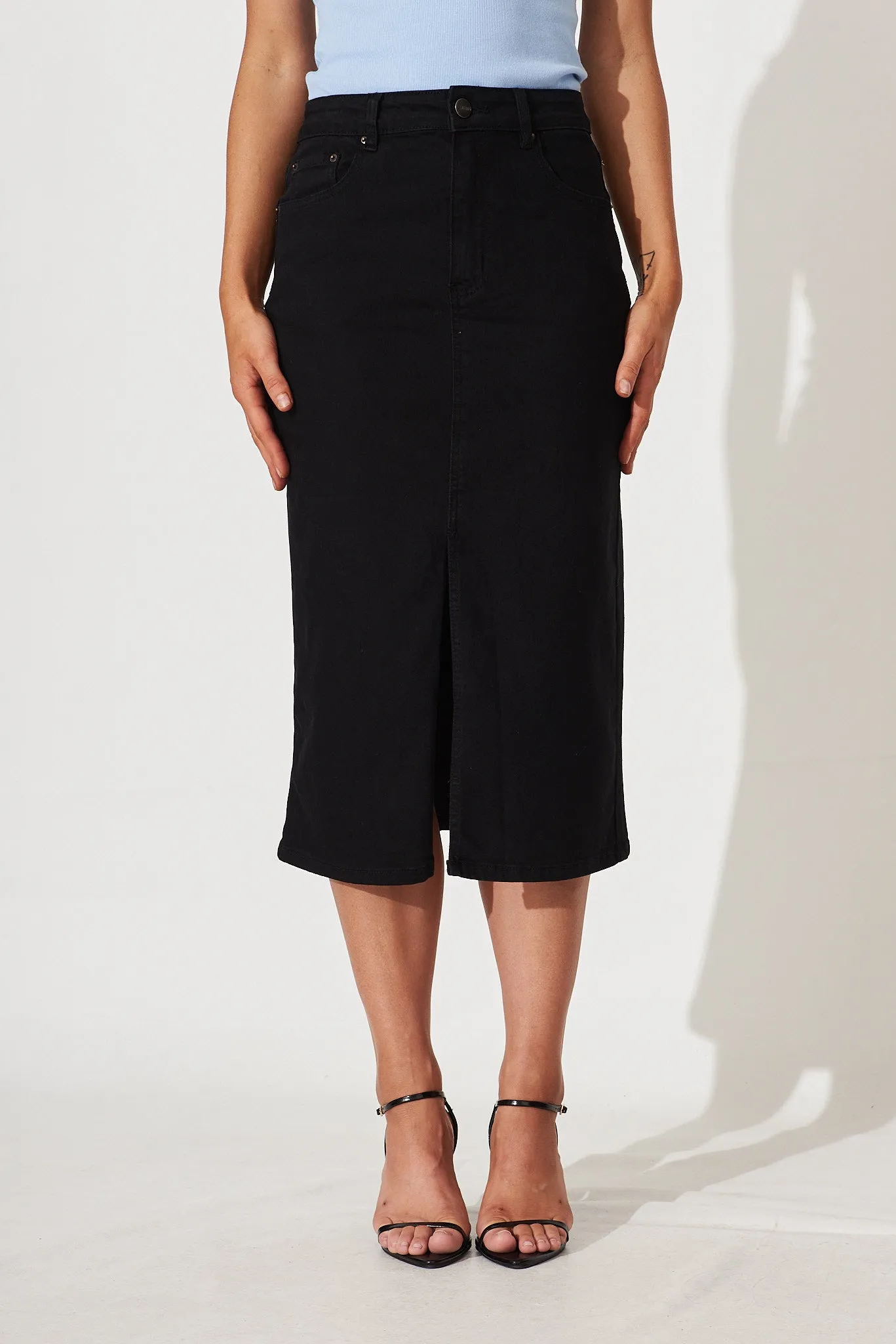 Deja Vu Midi Stretch Denim Skirt In Black sold by St Frock product image thumbnail 2