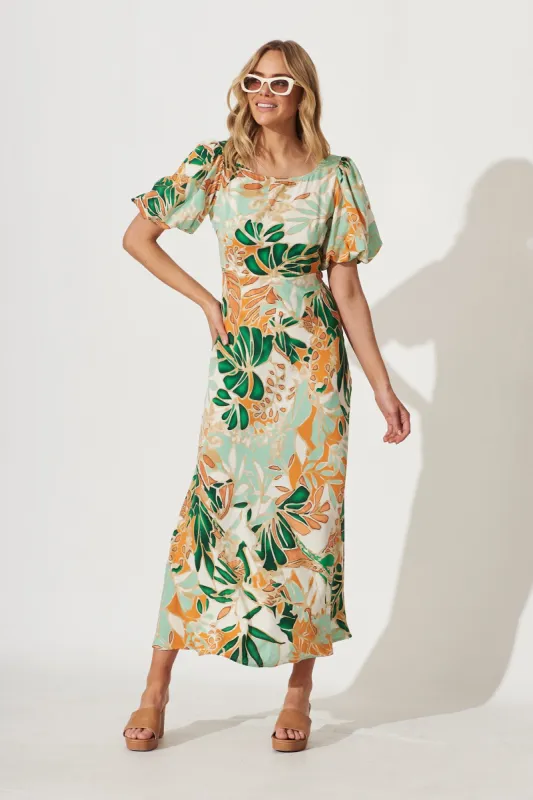 Fernanda Maxi Dress In White With Tangerine And Green Leaf Print sold by St Frock
