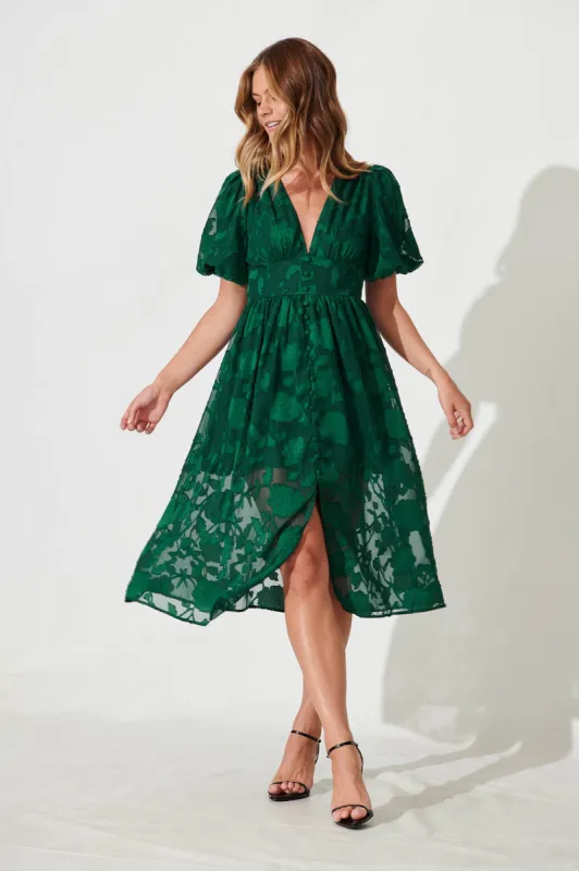 Destiny Midi Dress In Emerald Burnout Chiffon sold by St Frock