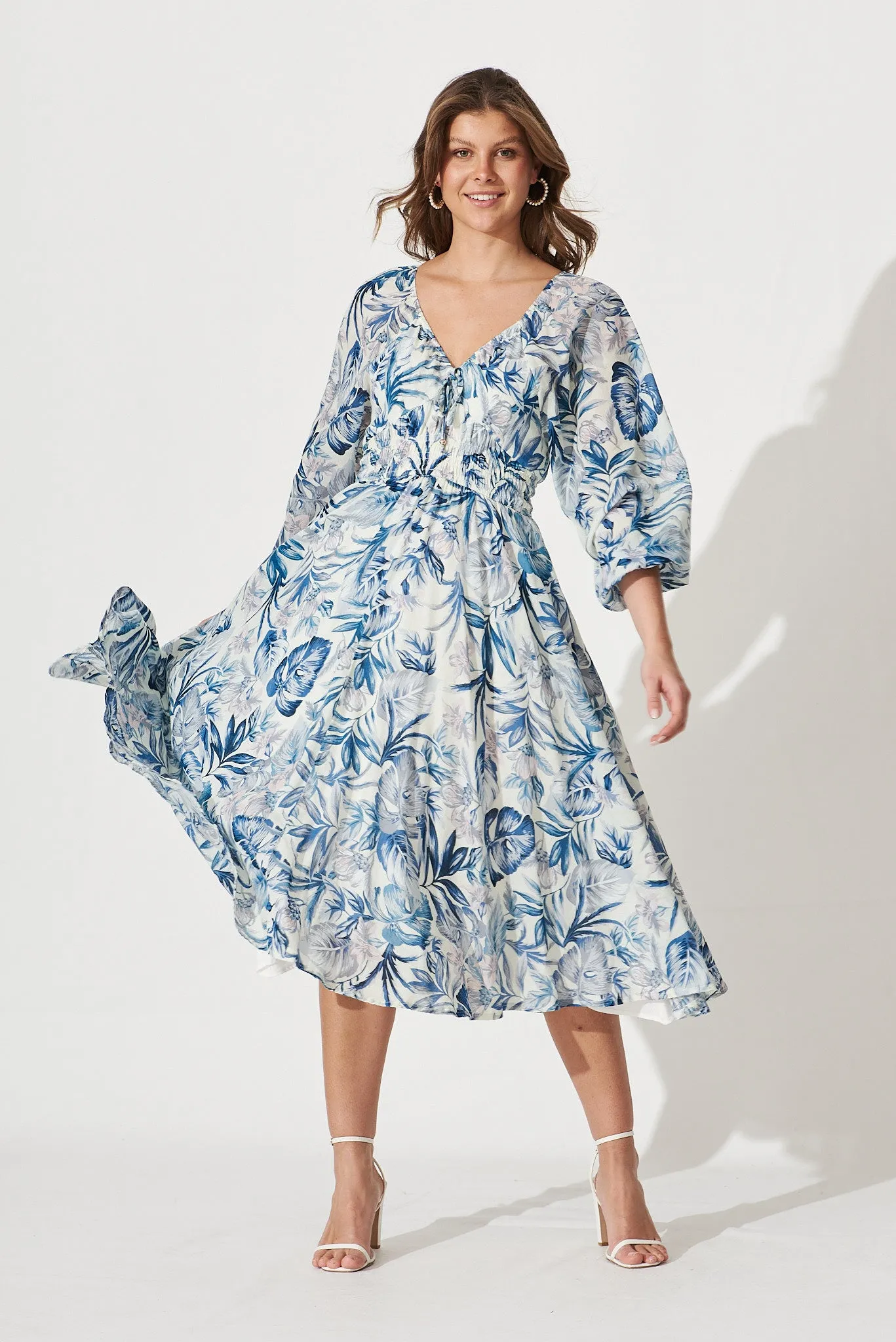 Darling Point Dress In White With Blue Floral Print Cotton sold by St Frock