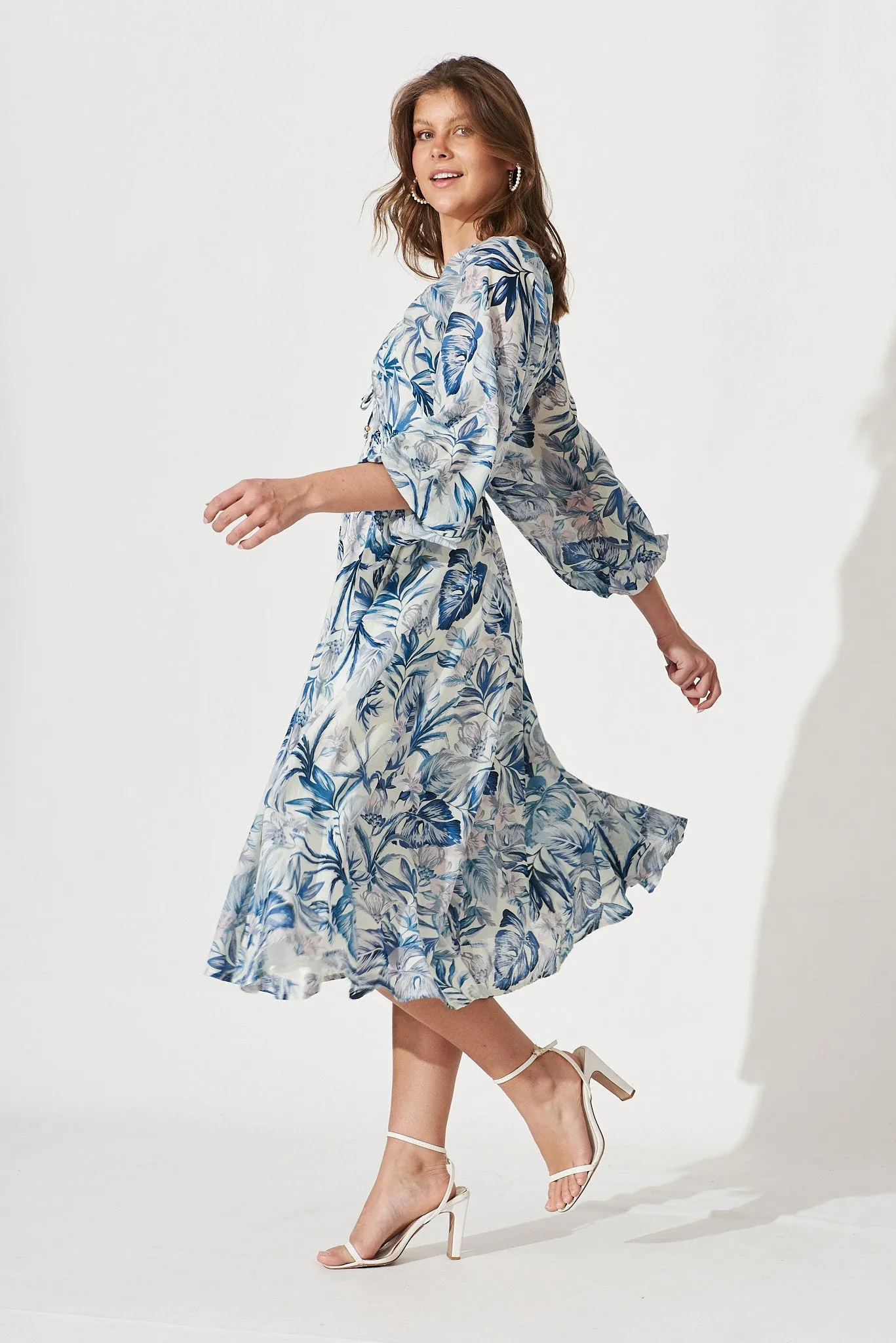 Darling Point Dress In White With Blue Floral Print Cotton sold by St Frock product image thumbnail 3