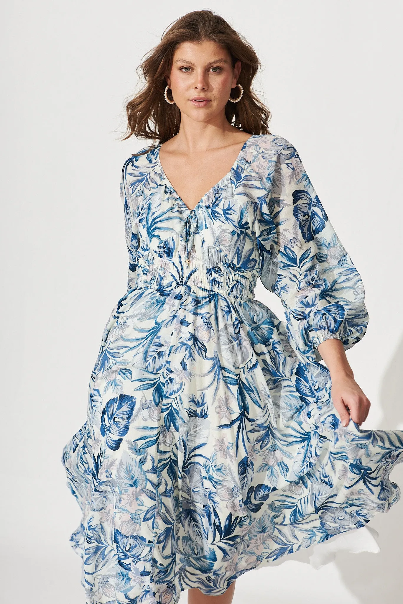 Darling Point Dress In White With Blue Floral Print Cotton sold by St Frock product image thumbnail 2