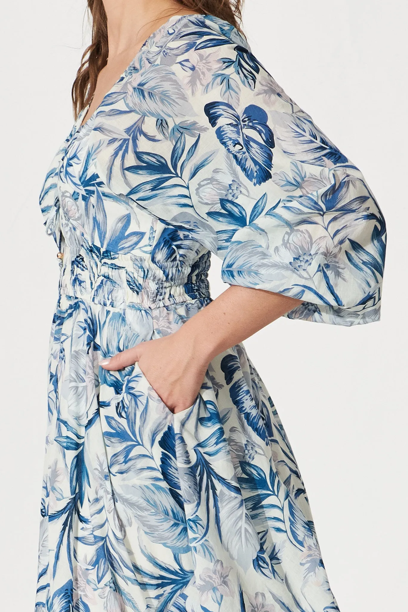 Darling Point Dress In White With Blue Floral Print Cotton sold by St Frock product image thumbnail 5