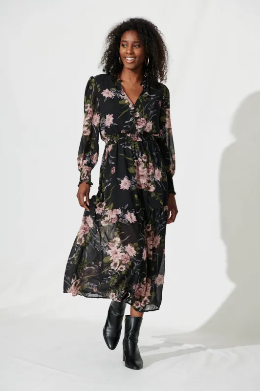 Taylor Maxi Dress In Black With Blush Floral Chiffon sold by St Frock