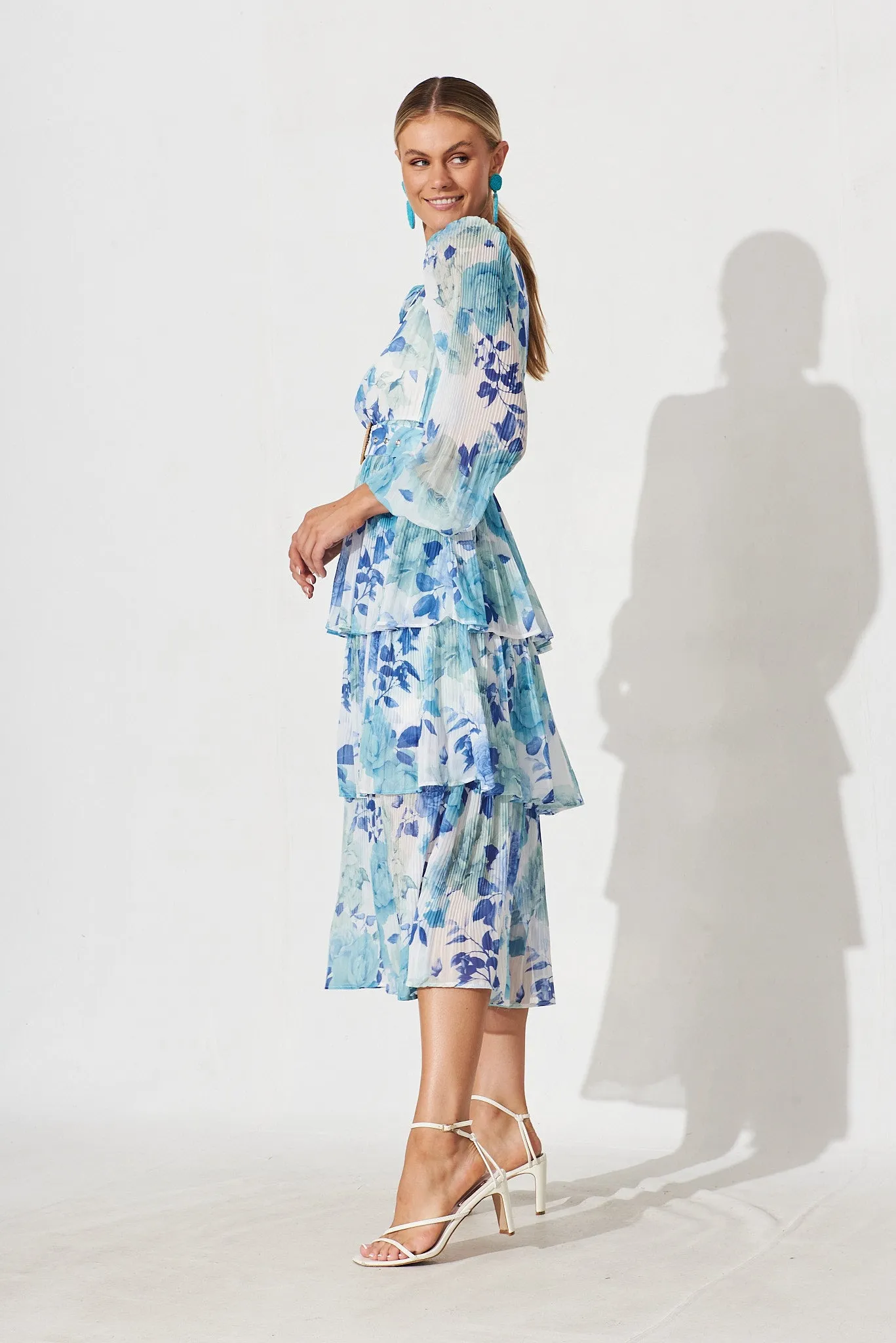 Elisa Midi Dress In White With Blue Floral Chiffon sold by St Frock product image thumbnail 4