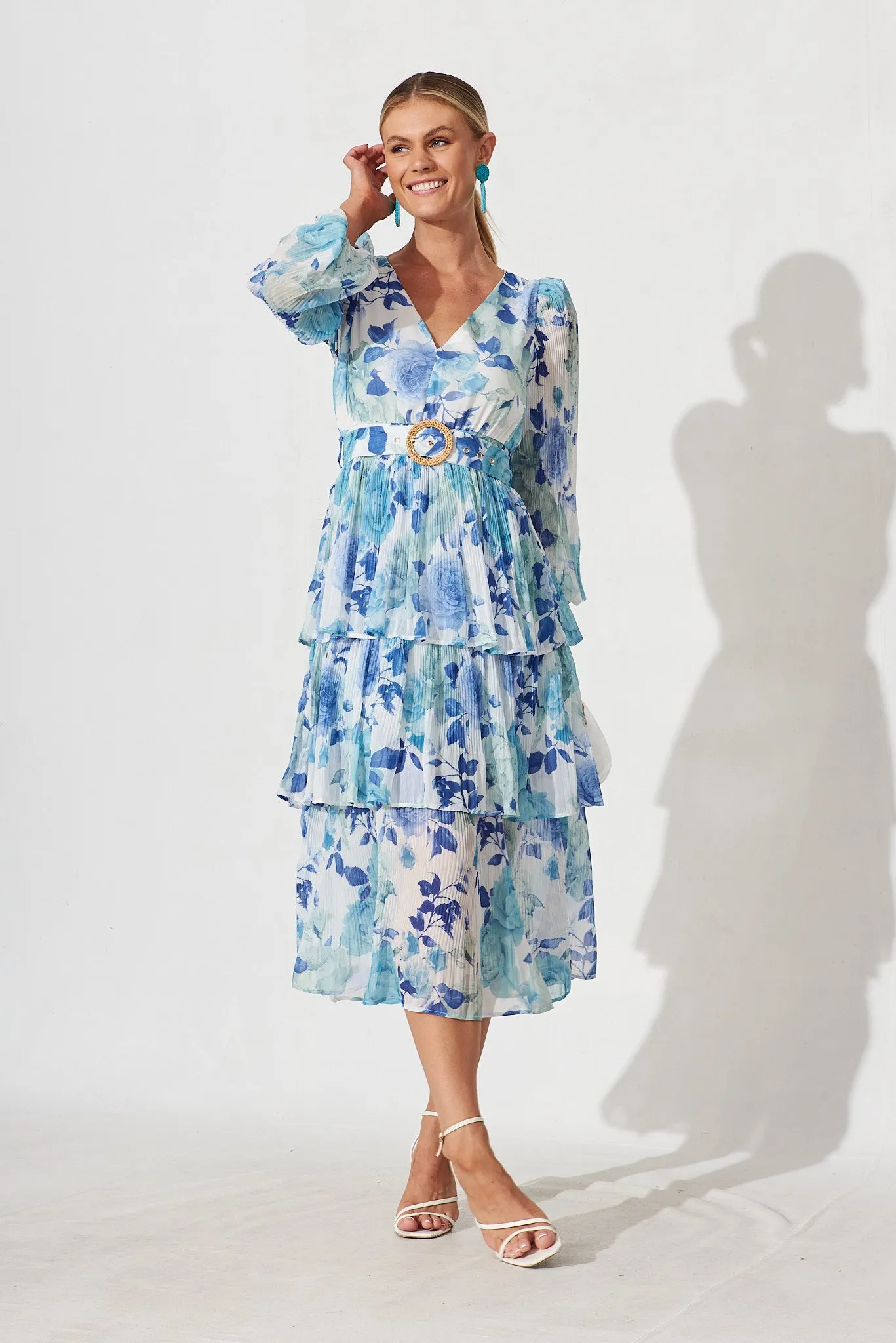 Elisa Midi Dress In White With Blue Floral Chiffon sold by St Frock product image thumbnail 2