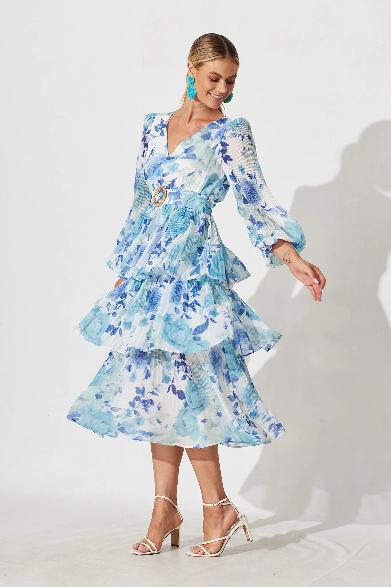 Elisa Midi Dress In White With Blue Floral Chiffon sold by St Frock