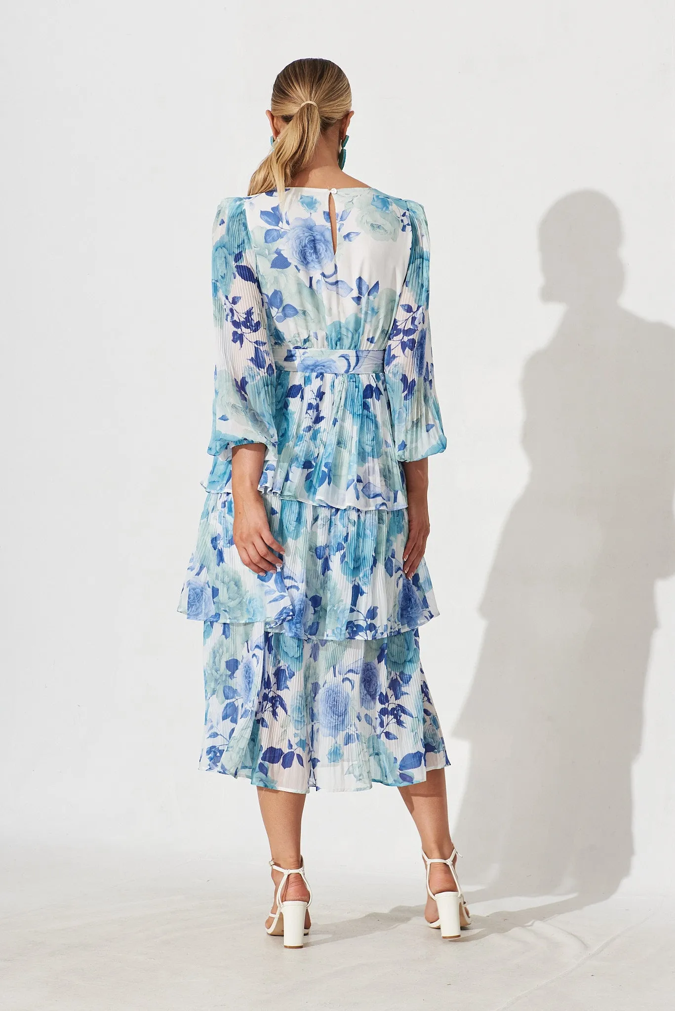 Elisa Midi Dress In White With Blue Floral Chiffon sold by St Frock product image thumbnail 5