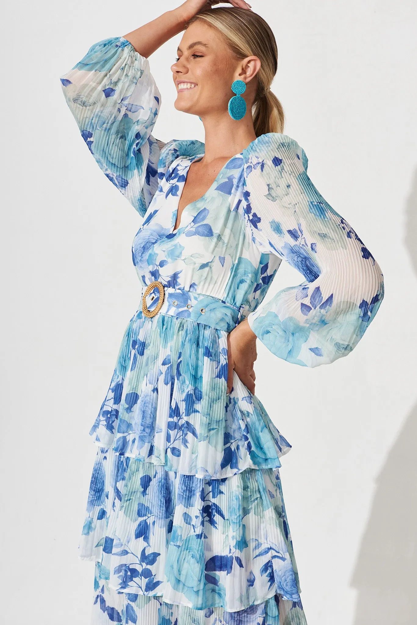 Elisa Midi Dress In White With Blue Floral Chiffon sold by St Frock product image thumbnail 3