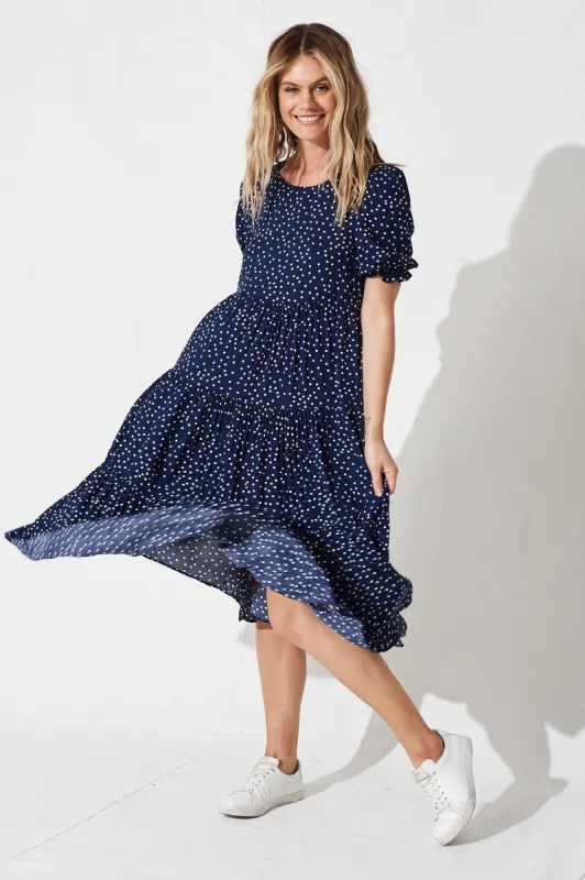 Nevi Tiered Midi Dress in Navy Spot sold by St Frock