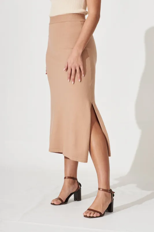Freyja Midi Knit Skirt In Tan Cotton Blend sold by St Frock