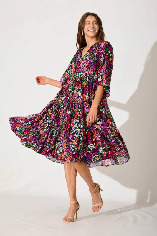 Kehlana Tiered Smock Dress In Black Multi Floral sold by St Frock