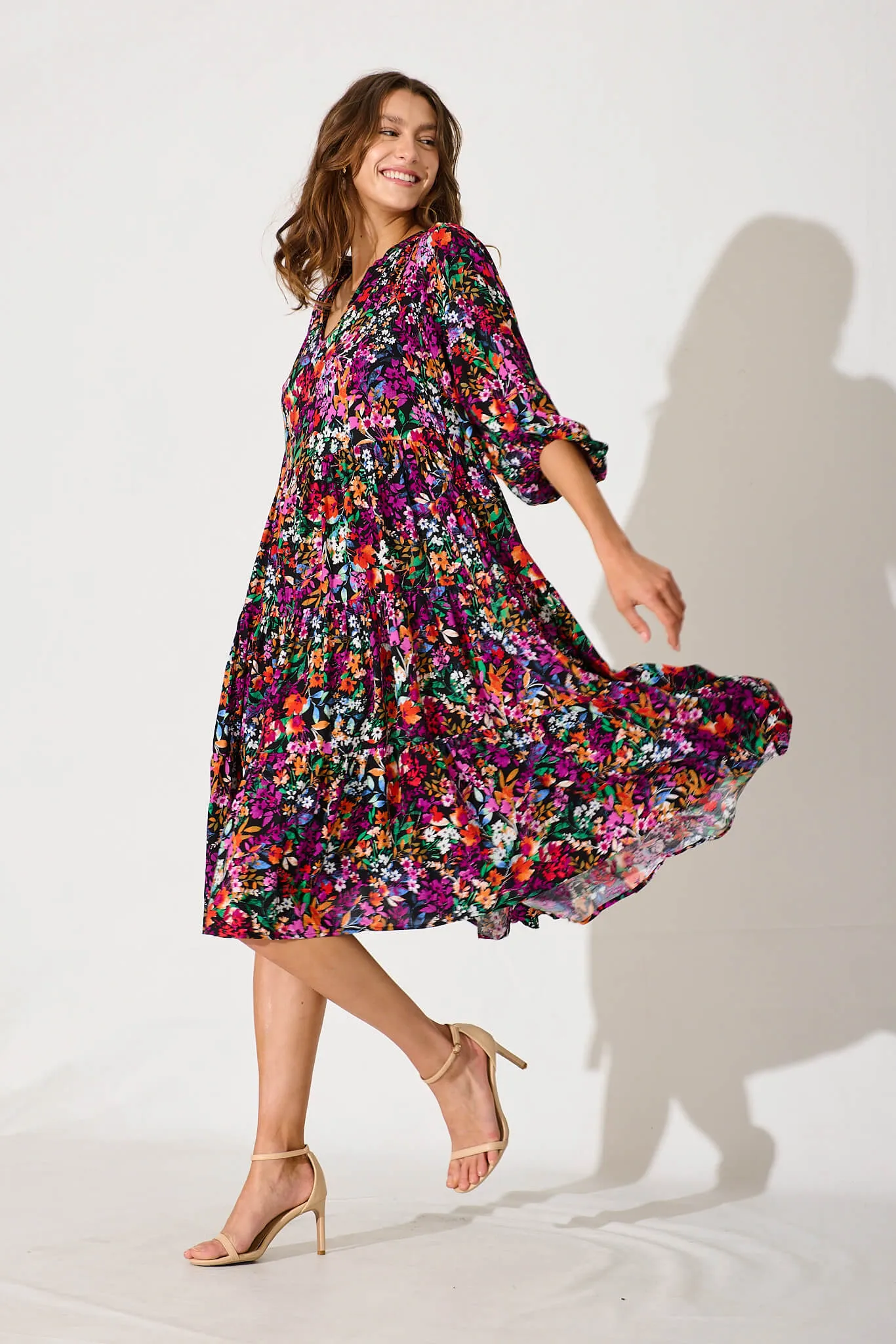 Kehlana Tiered Smock Dress In Black Multi Floral sold by St Frock product image thumbnail 3