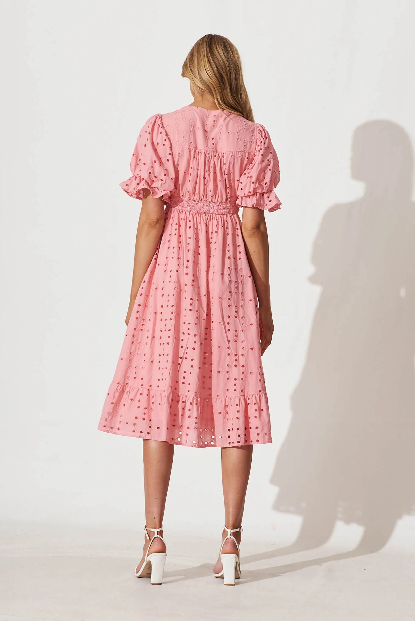 Victorian Midi Dress In Pink Cotton Broderie sold by St Frock product image thumbnail 4