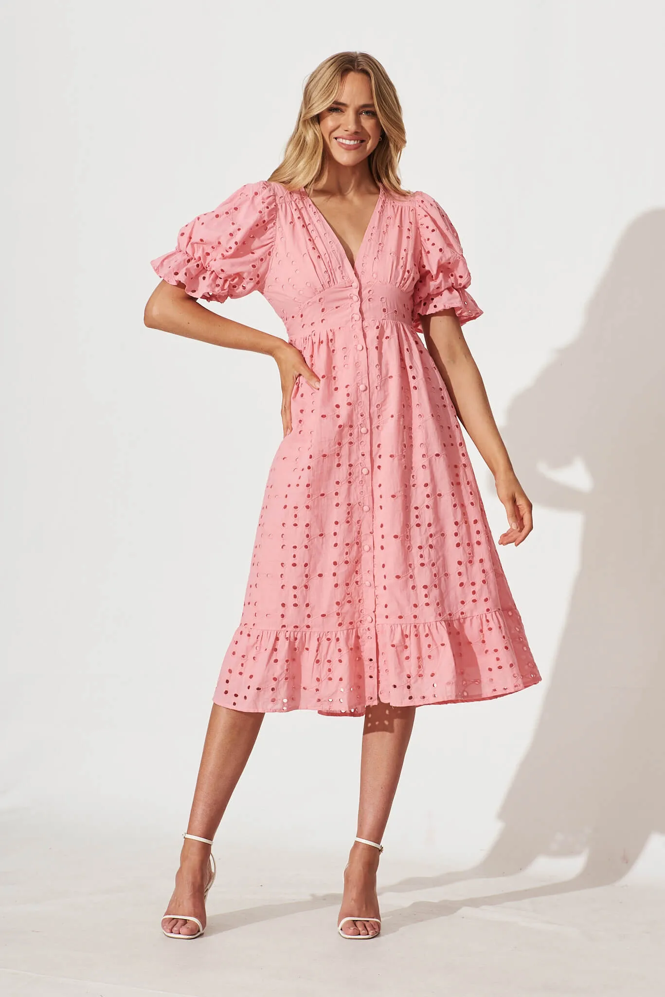 Victorian Midi Dress In Pink Cotton Broderie sold by St Frock