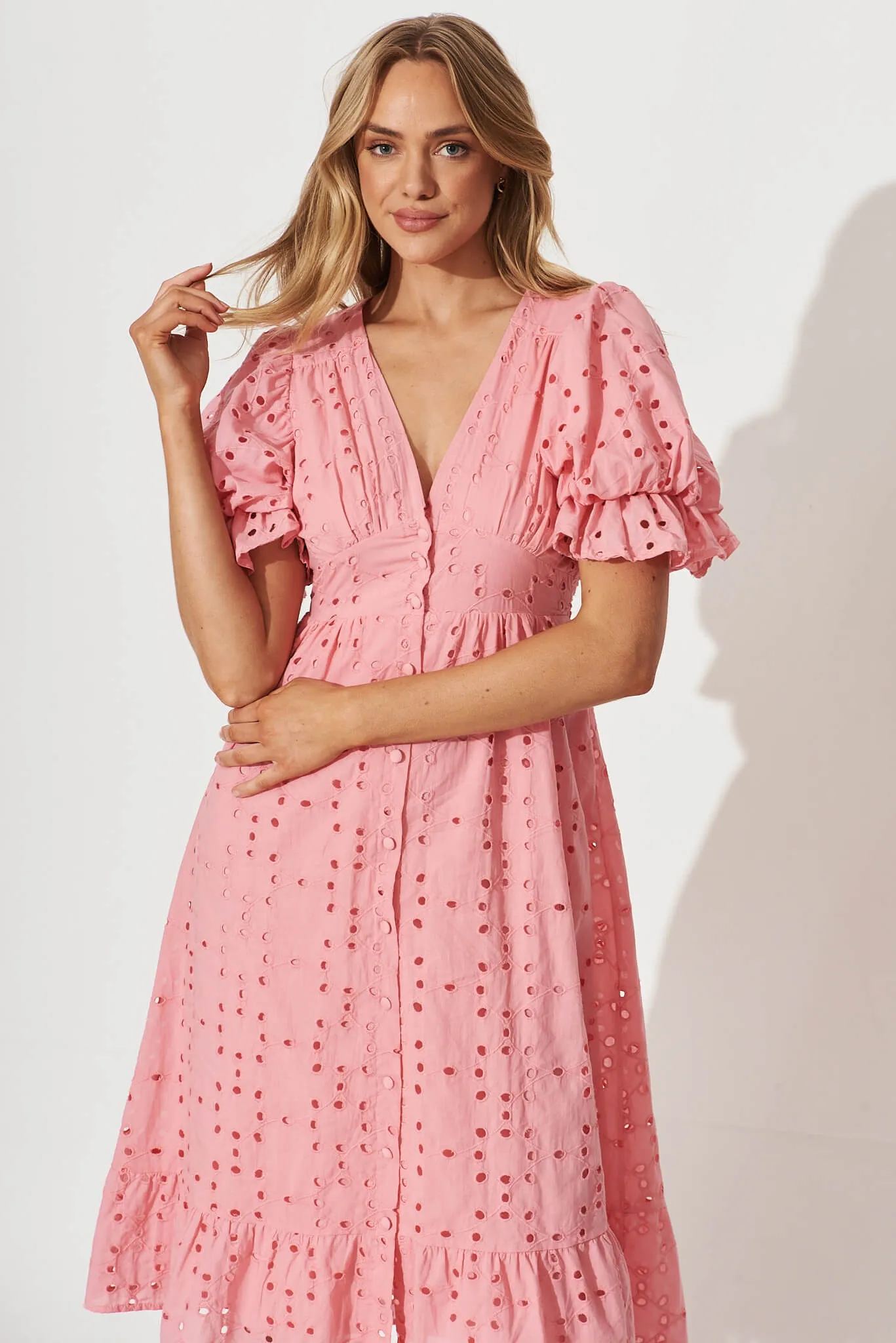 Victorian Midi Dress In Pink Cotton Broderie sold by St Frock product image thumbnail 2