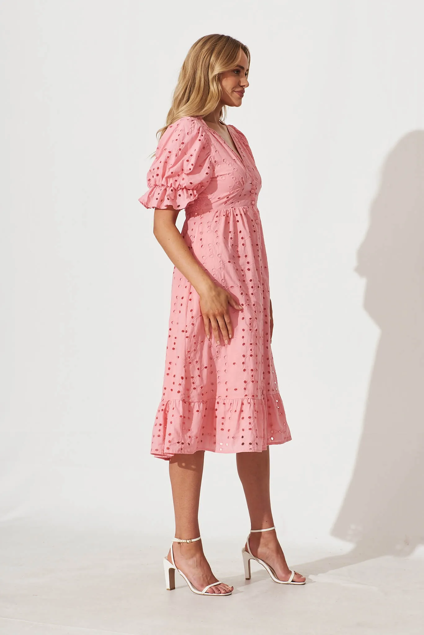 Victorian Midi Dress In Pink Cotton Broderie sold by St Frock product image thumbnail 3