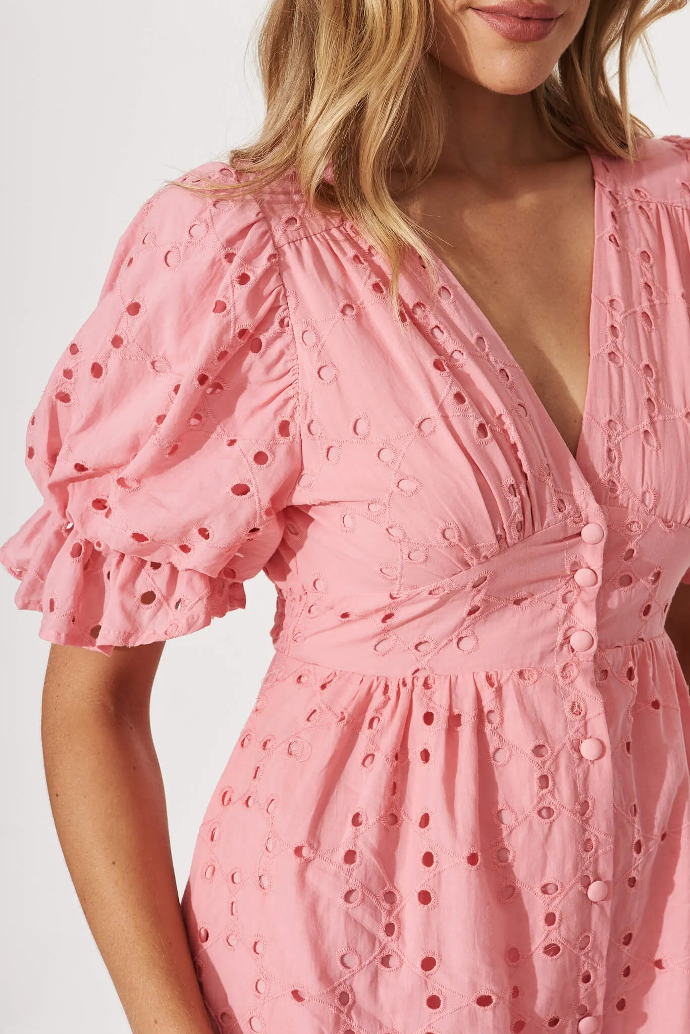 Victorian Midi Dress In Pink Cotton Broderie sold by St Frock product image thumbnail 5