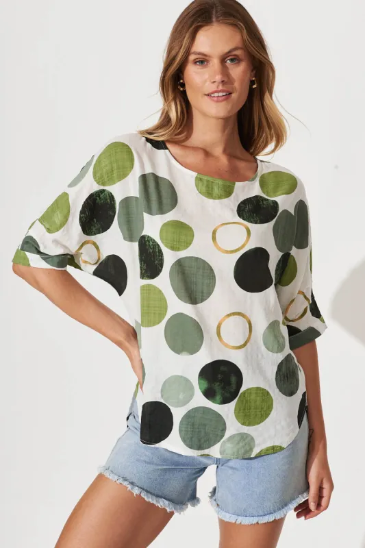 Orleans Top In White With Green Spots Cotton sold by St Frock