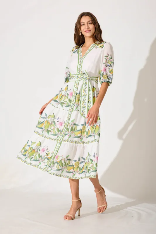 Pambula Maxi Dress In White With Yellow Print sold by St Frock