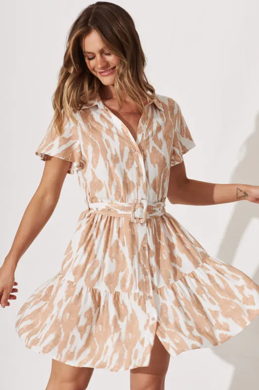 Notting Hill Shirt Dress In White With Beige Print sold by St Frock