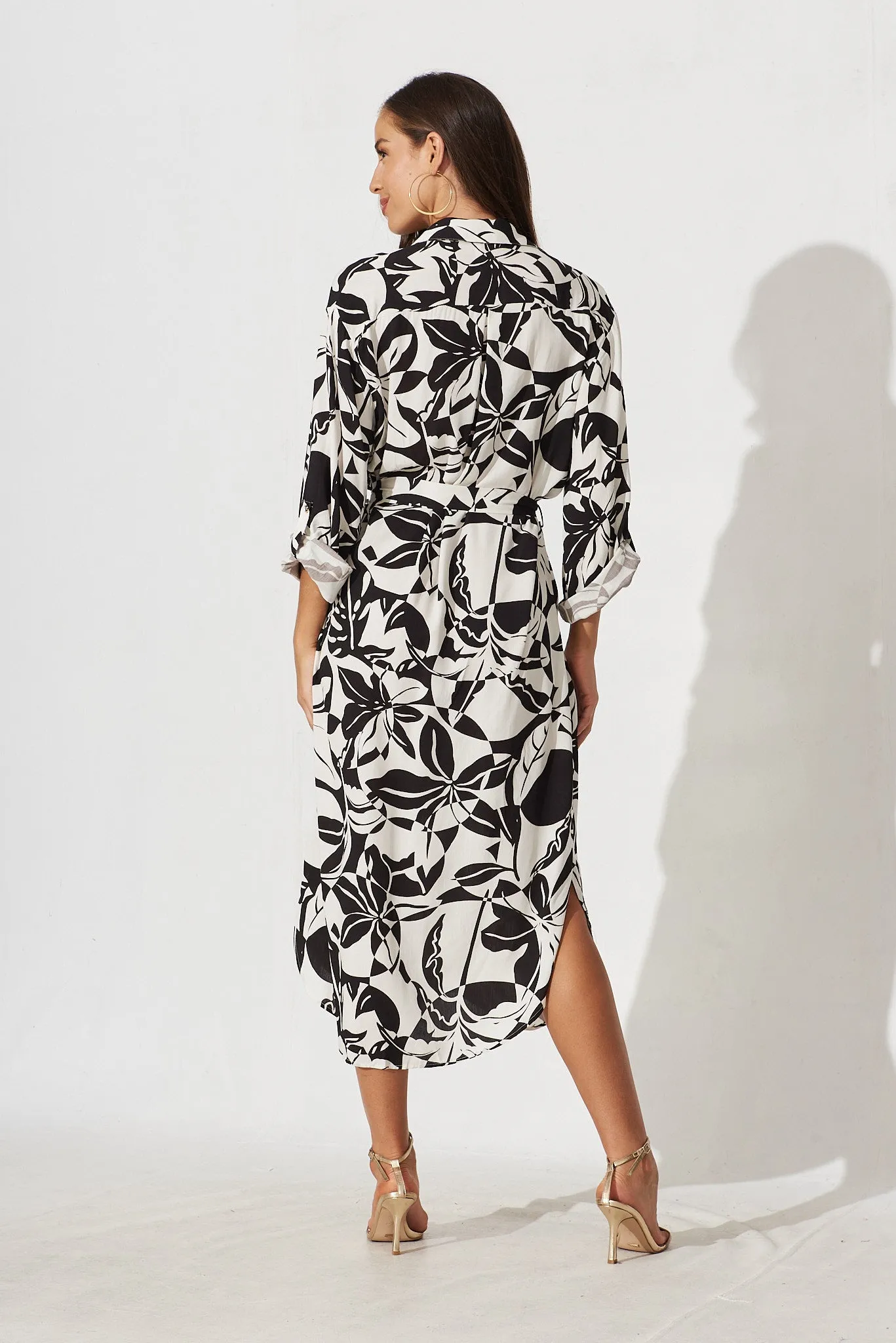 Zenaida Shirt Midi Dress In Black With White Leaf Print Cotton sold by St Frock product image thumbnail 4