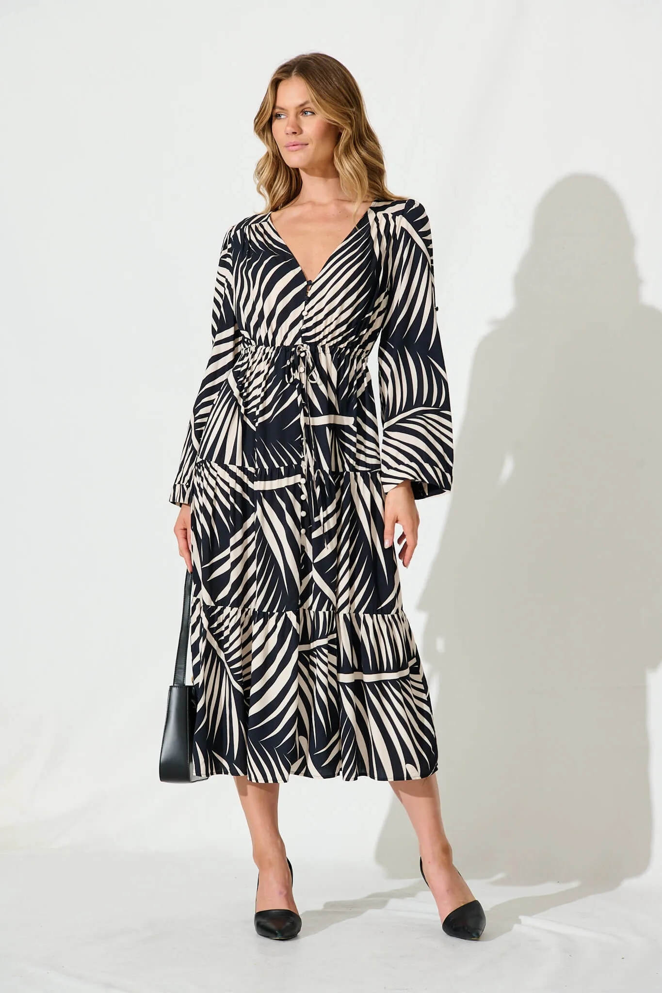 Shiela Midi Dress In Black With Cream Leaf Linen Blend sold by St Frock