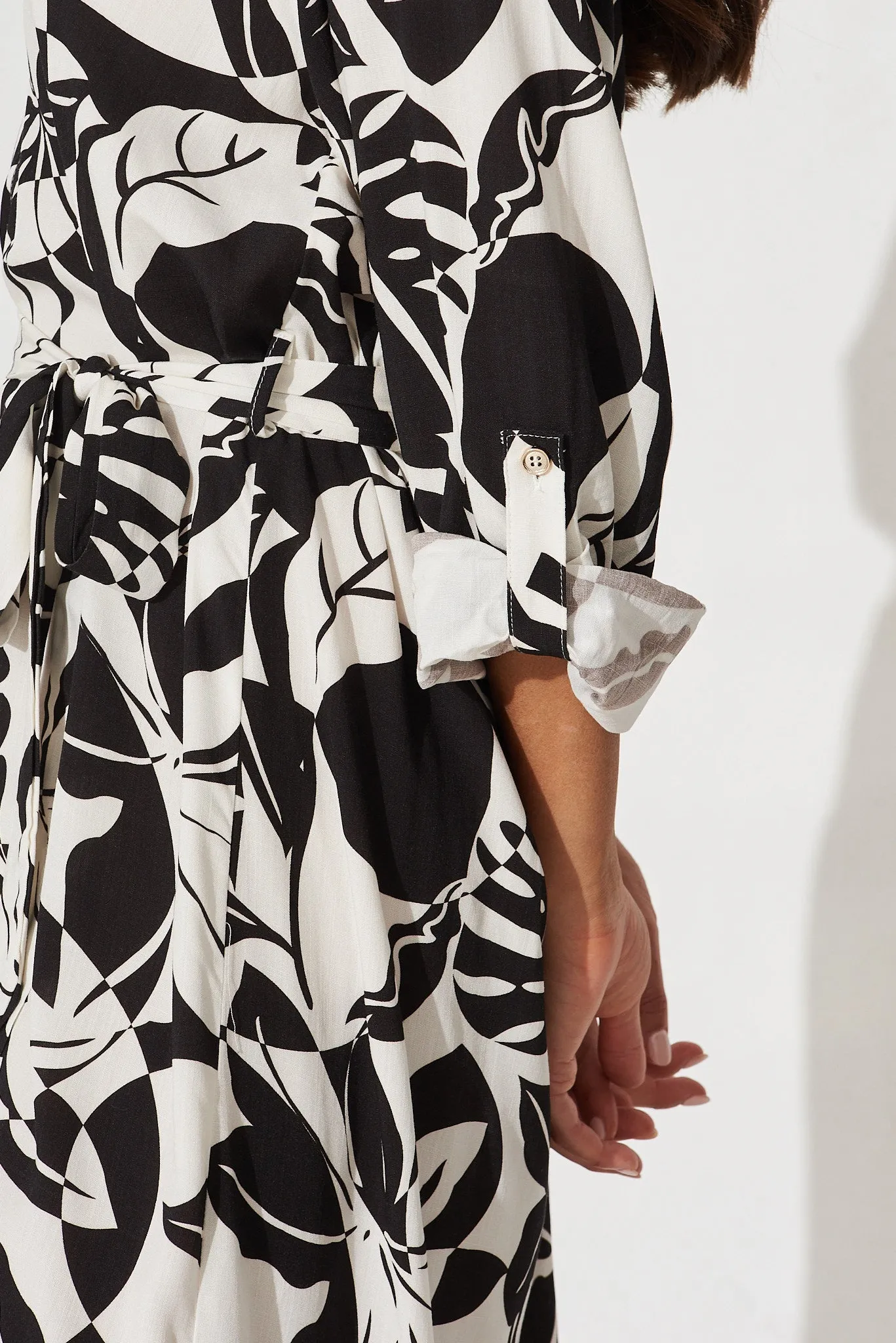 Zenaida Shirt Midi Dress In Black With White Leaf Print Cotton sold by St Frock product image thumbnail 5