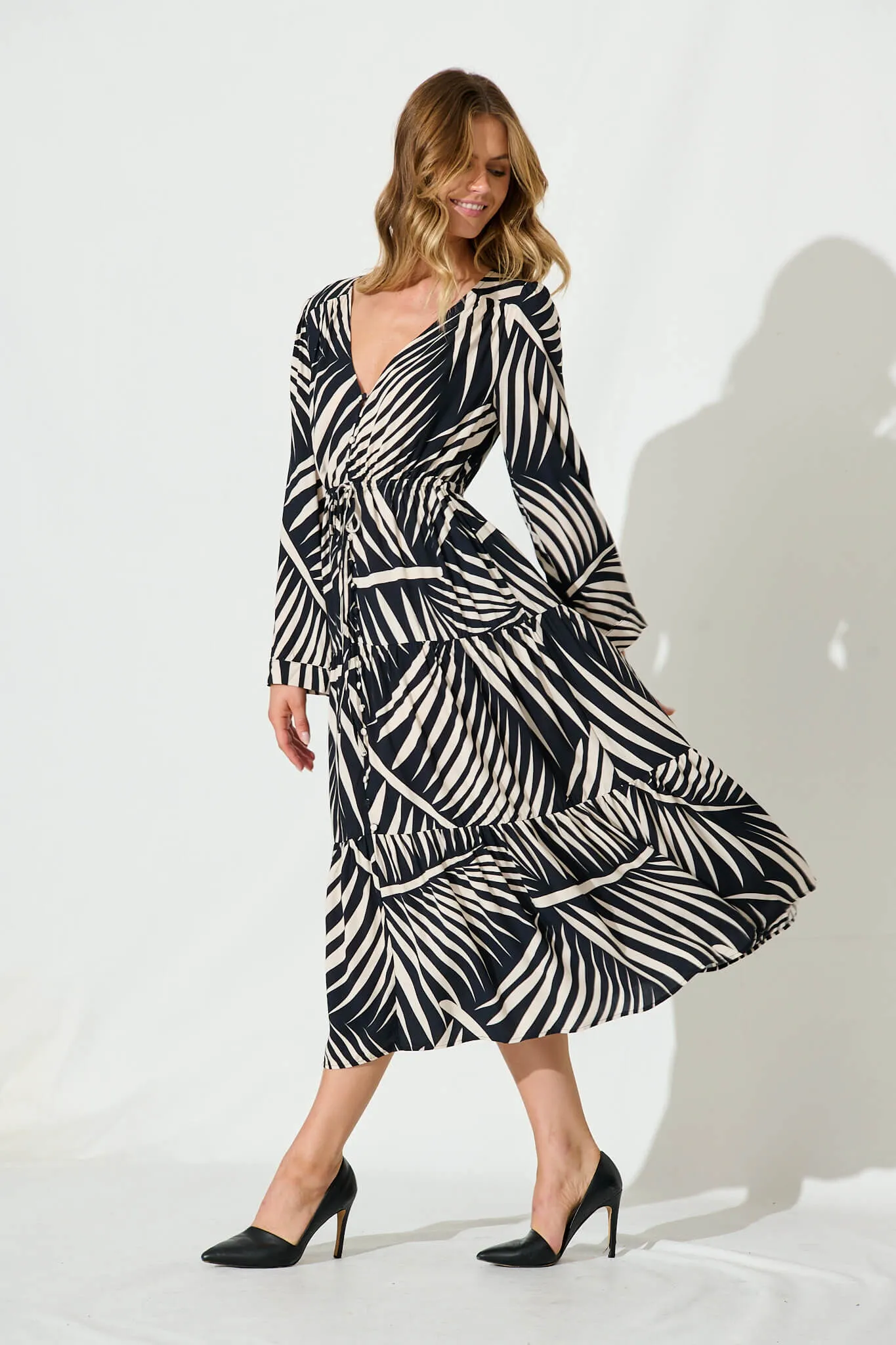 Shiela Midi Dress In Black With Cream Leaf Linen Blend sold by St Frock product image thumbnail 3