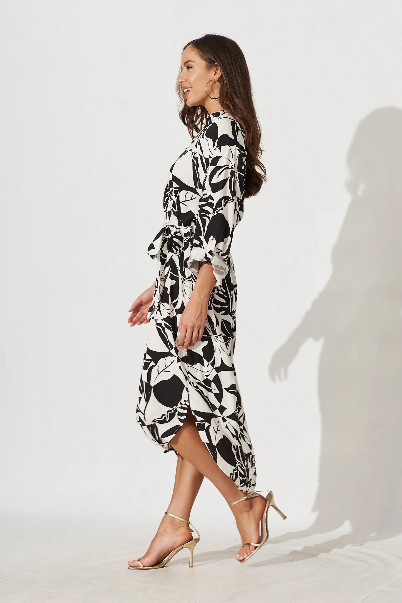 Zenaida Shirt Midi Dress In Black With White Leaf Print Cotton sold by St Frock product image thumbnail 3