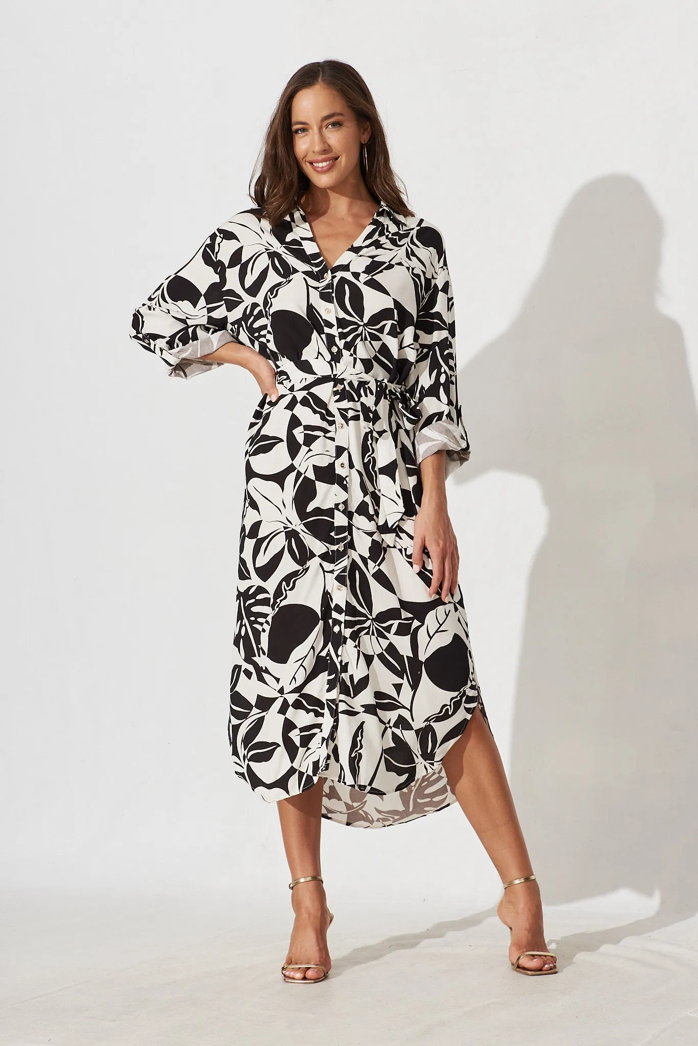 Zenaida Shirt Midi Dress In Black With White Leaf Print Cotton sold by St Frock