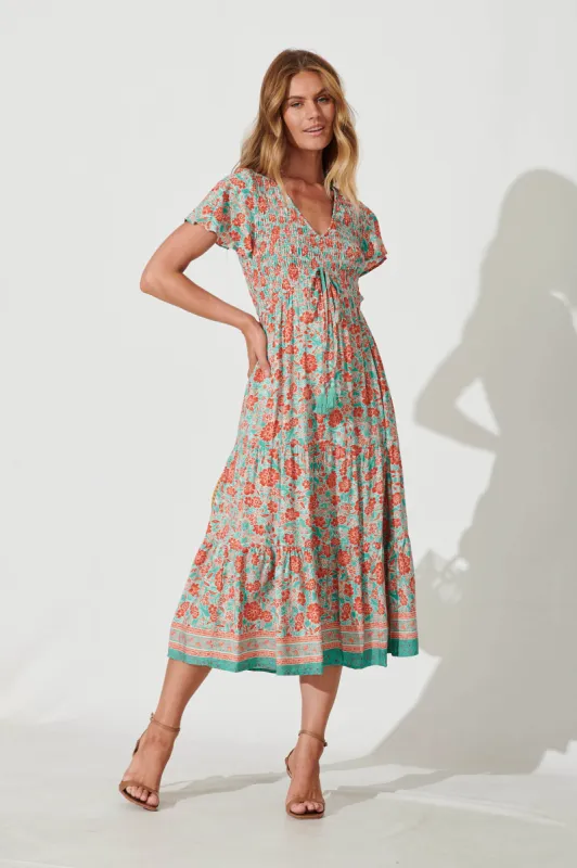 Soul Midi Dress In Rust And Aqua Border Print sold by St Frock