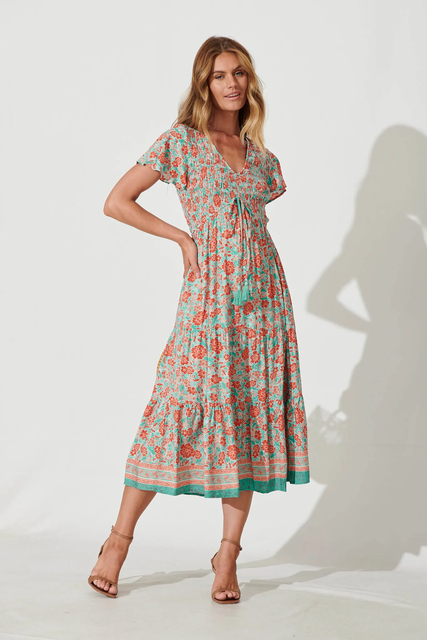 Soul Midi Dress In Rust And Aqua Border Print sold by St Frock
