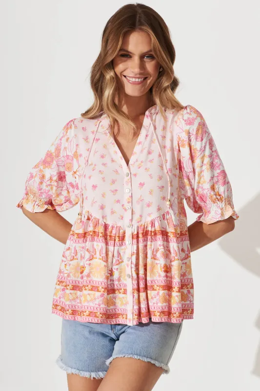 Claudine Top In Pink Floral sold by St Frock