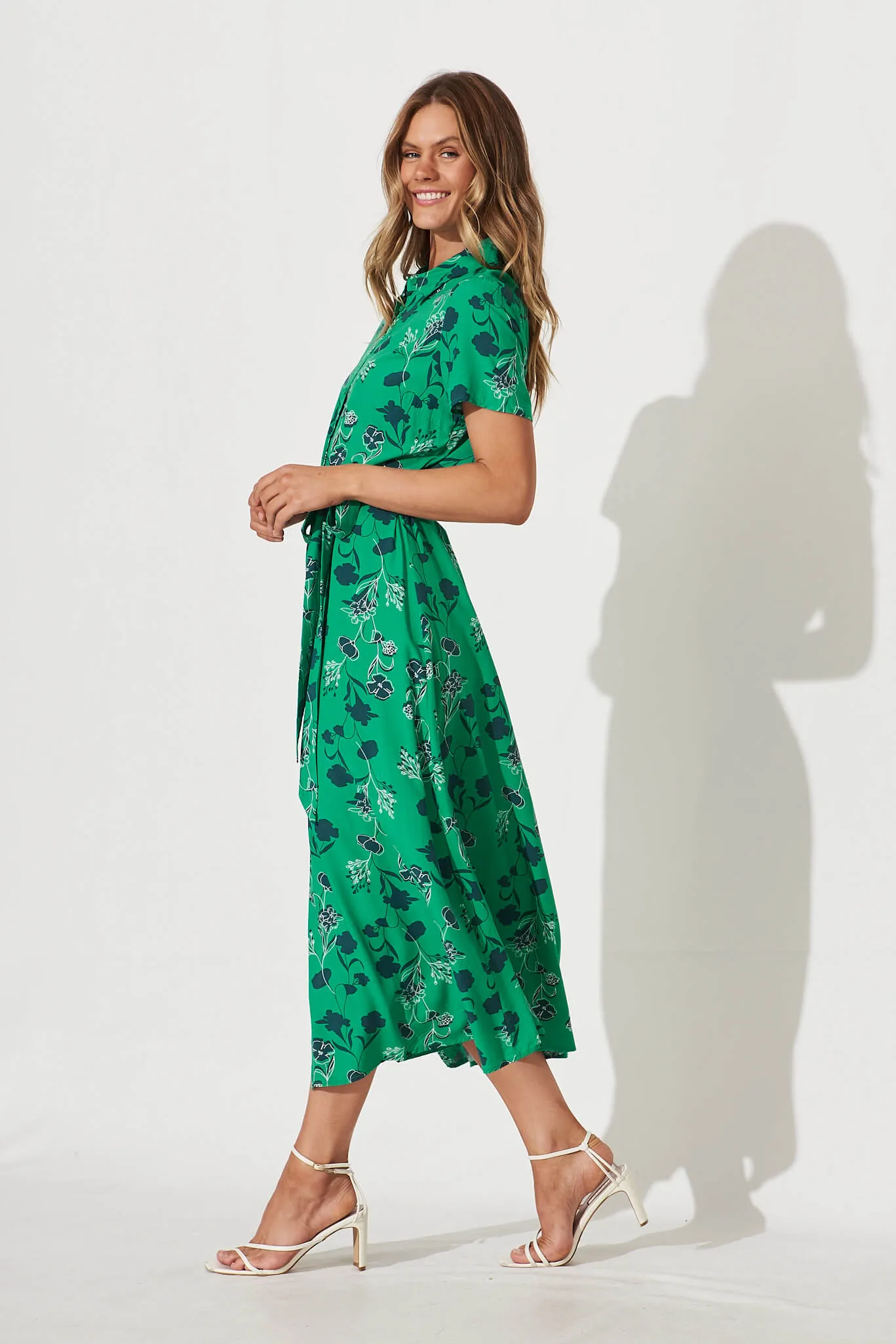 Truly Maxi Shirt Dress In Green With Shadow Floral Print sold by St Frock product image thumbnail 3