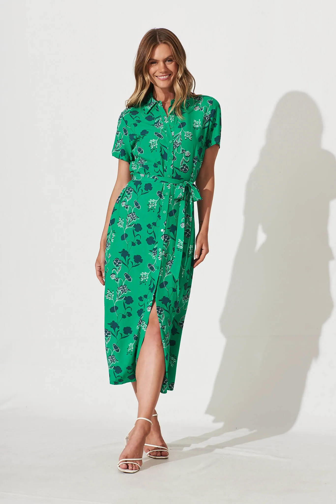 Truly Maxi Shirt Dress In Green With Shadow Floral Print sold by St Frock product image thumbnail 5