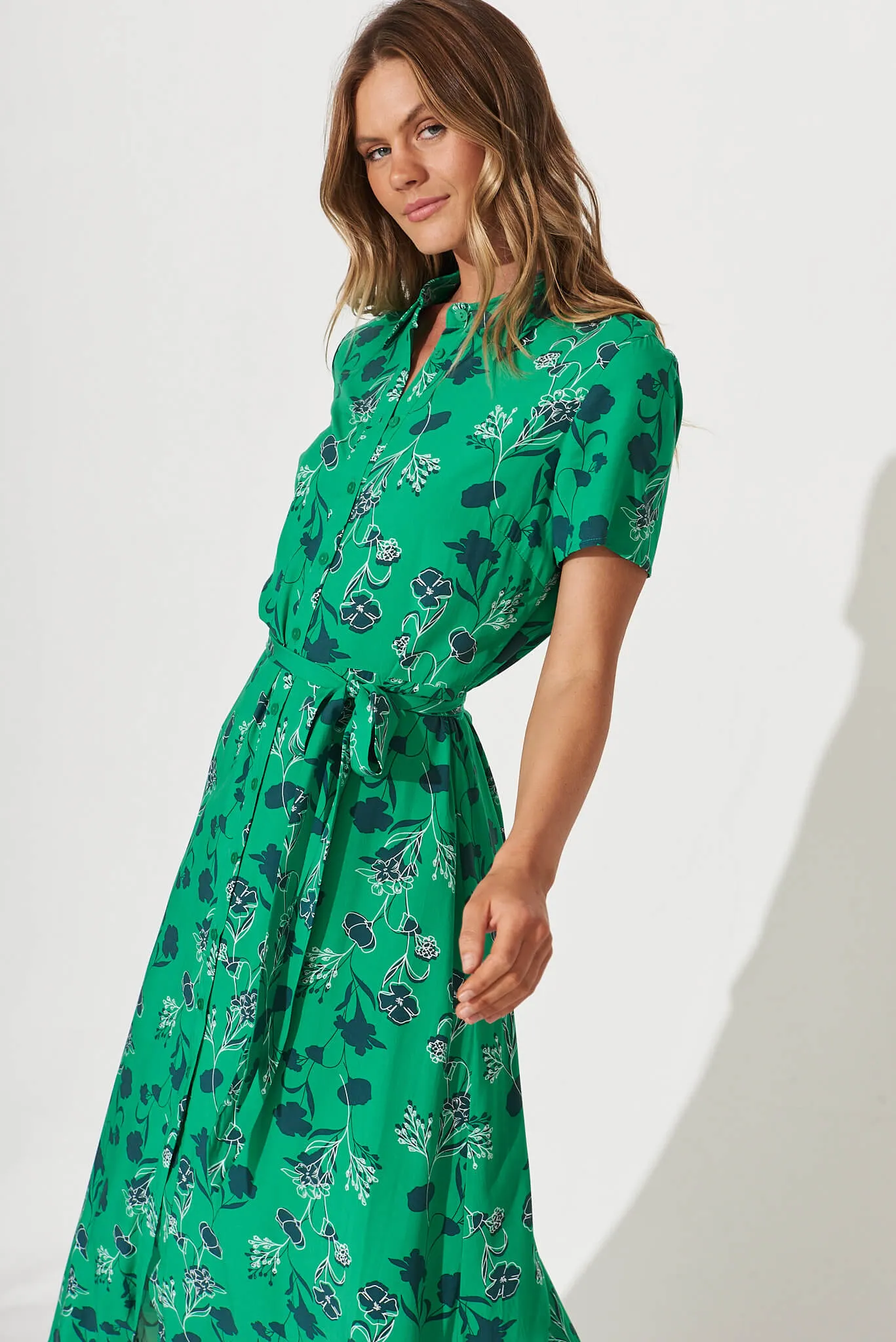 Truly Maxi Shirt Dress In Green With Shadow Floral Print sold by St Frock product image thumbnail 2